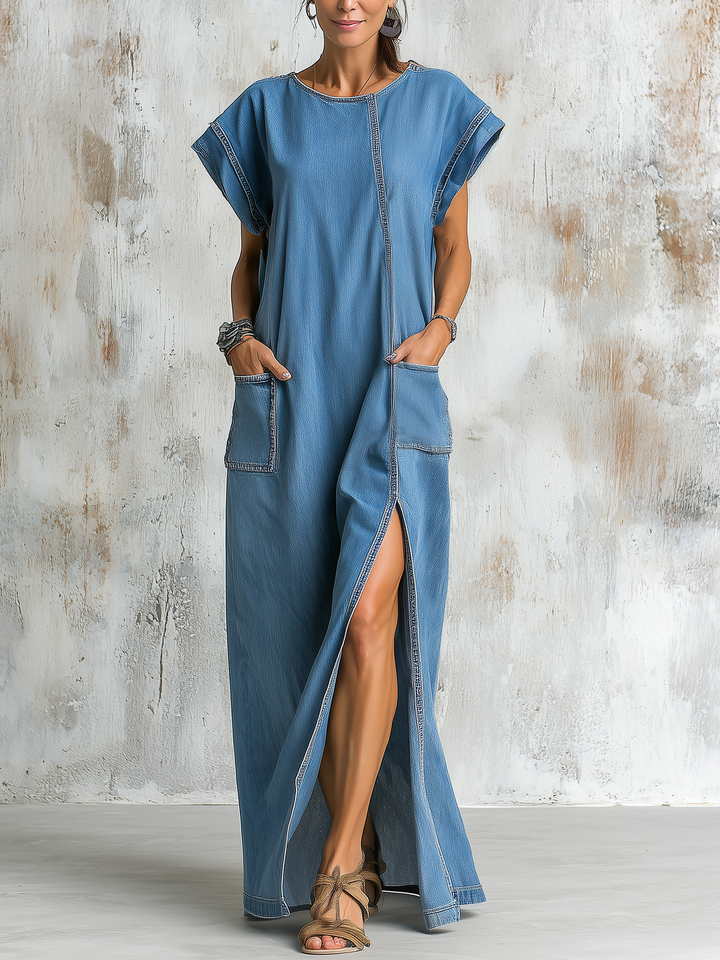 Morgan & Brooke | Blue Loose-Fit Contrast-Stitch Denim Dress