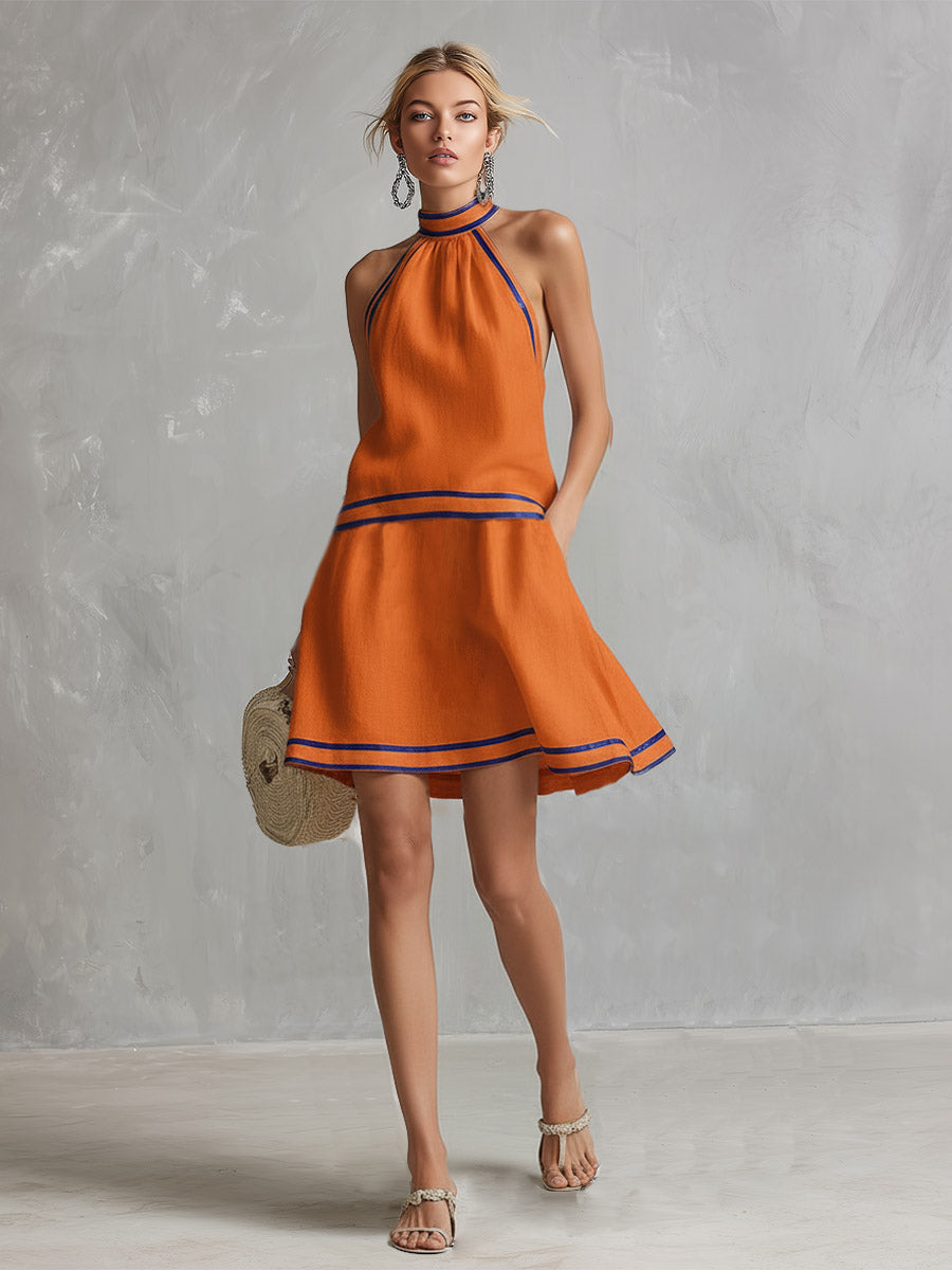 Morgan & Brooke | Orange Linen Sleeveless Elegant Evening Dress