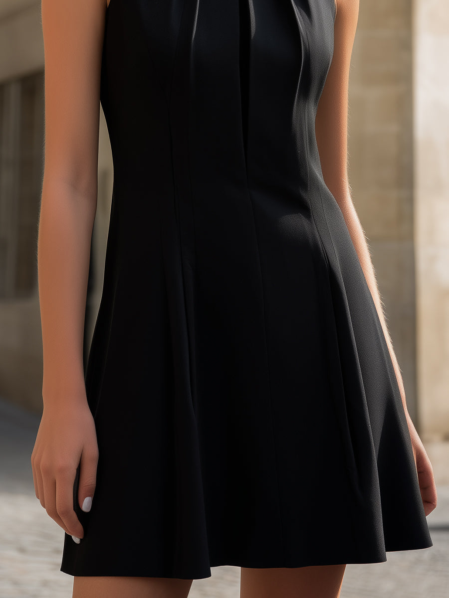 Morgan & Brooke | Black High-Neck Pleated Chiffon Mini Dress