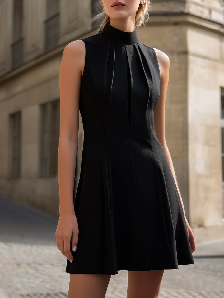 Morgan & Brooke | Black High-Neck Pleated Chiffon Mini Dress