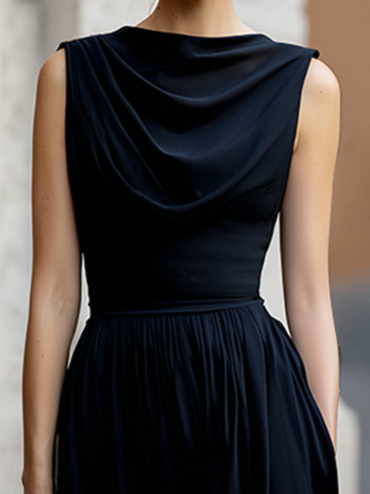 Morgan & Brooke | Black Draped Waist-Defined Satin Maxi Dress
