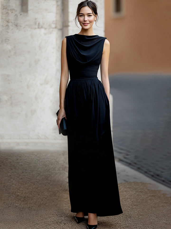 Morgan & Brooke | Black Draped Waist-Defined Satin Maxi Dress