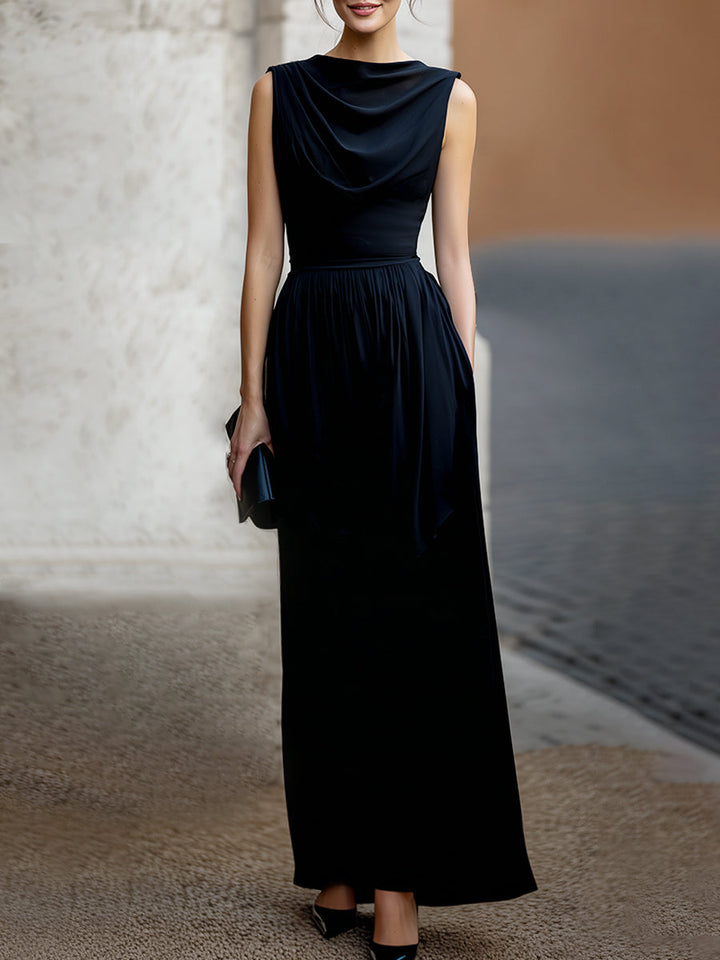 Morgan & Brooke | Black Draped Waist-Defined Satin Maxi Dress