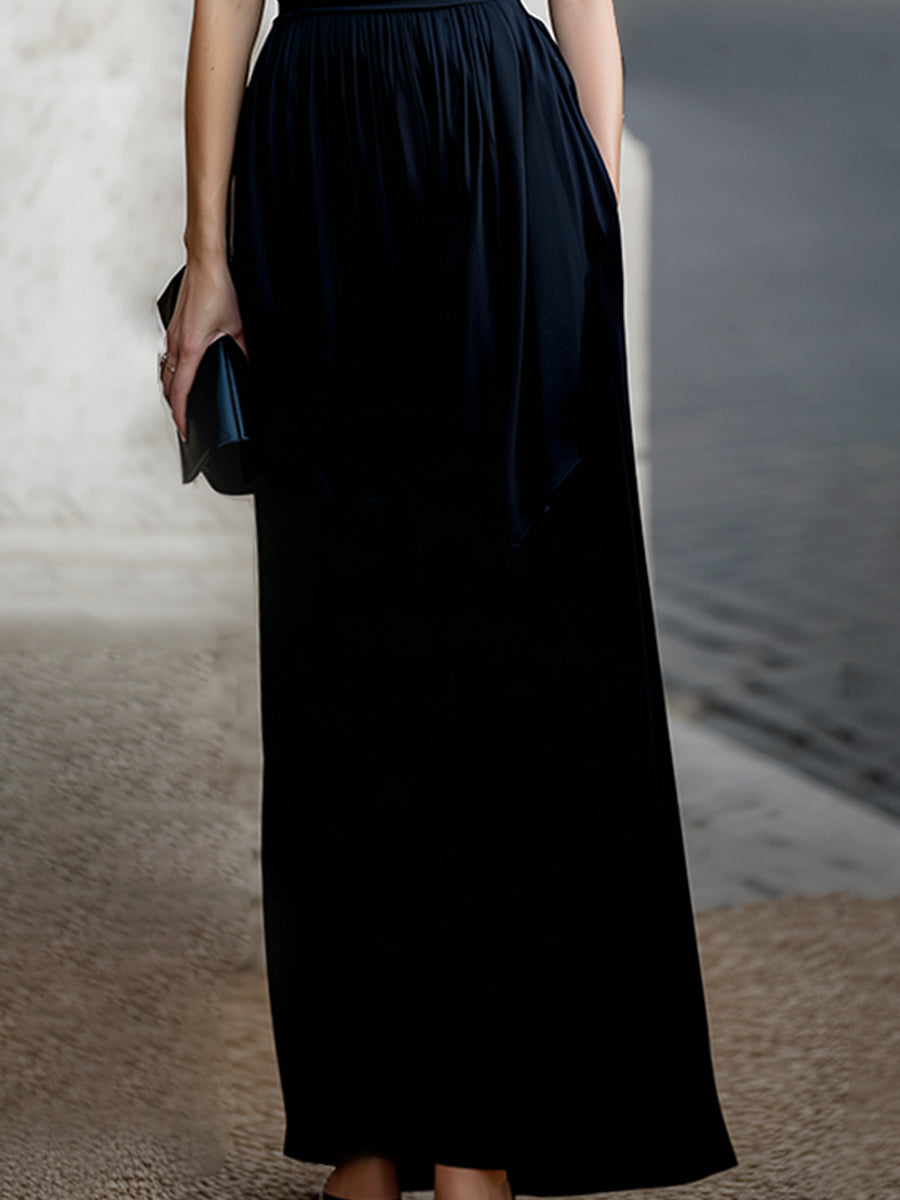 Morgan & Brooke | Black Draped Waist-Defined Satin Maxi Dress