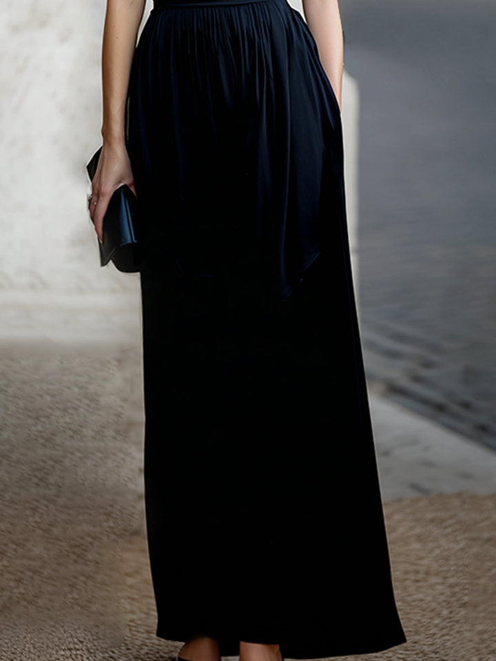 Morgan & Brooke | Black Draped Waist-Defined Satin Maxi Dress