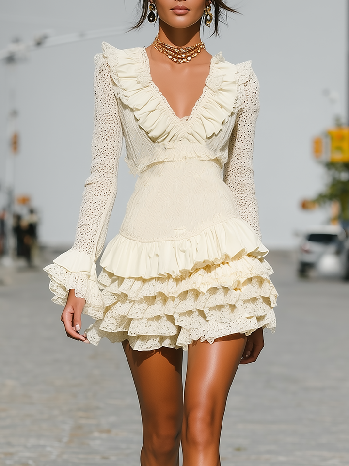 Morgan & Brooke | Cream Long-Sleeve Tiered Lace Dress
