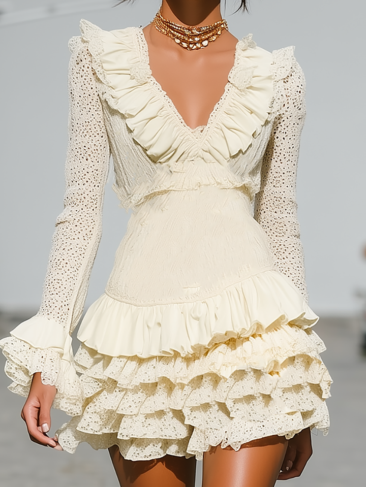 Morgan & Brooke | Cream Long-Sleeve Tiered Lace Dress