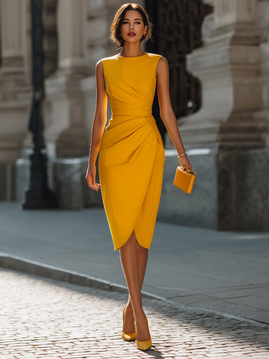 Morgan & Brooke | Black Wrap Draped-Waist Crepe Midi Dress