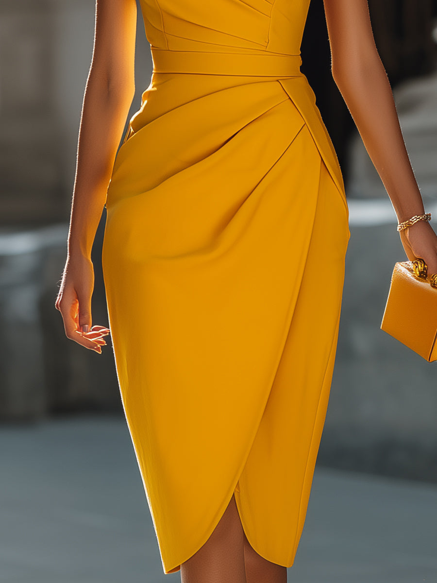 Morgan & Brooke | Black Wrap Draped-Waist Crepe Midi Dress