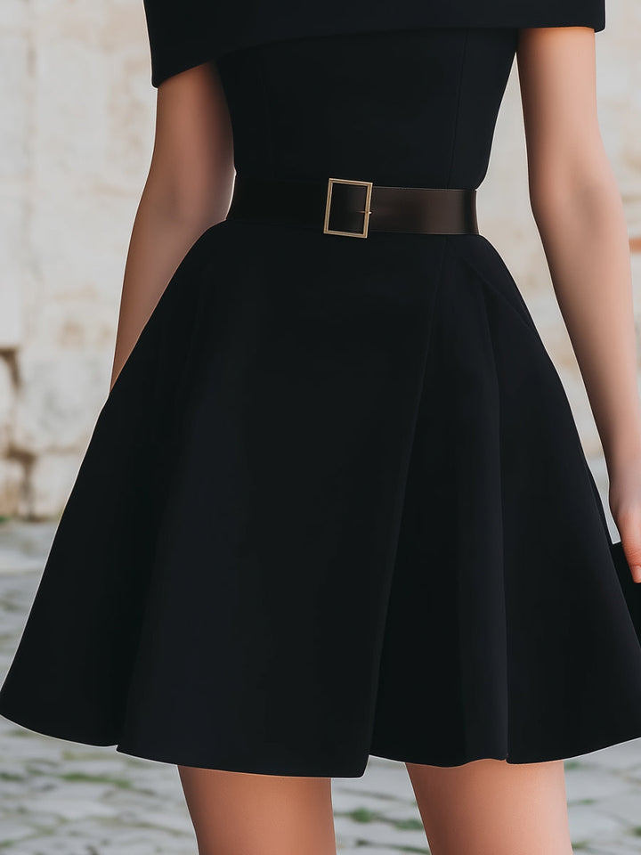 Morgan & Brooke | Black Off-the-Shoulder Belted Crepe Mini Dress