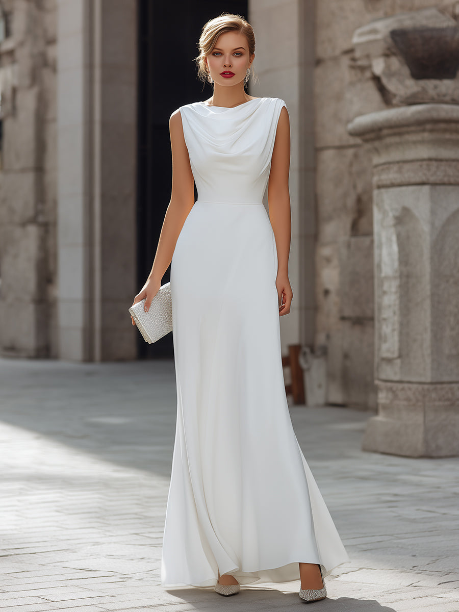 Morgan & Brooke | Black Draped Cowl Neck A-Line Satin Maxi Dress