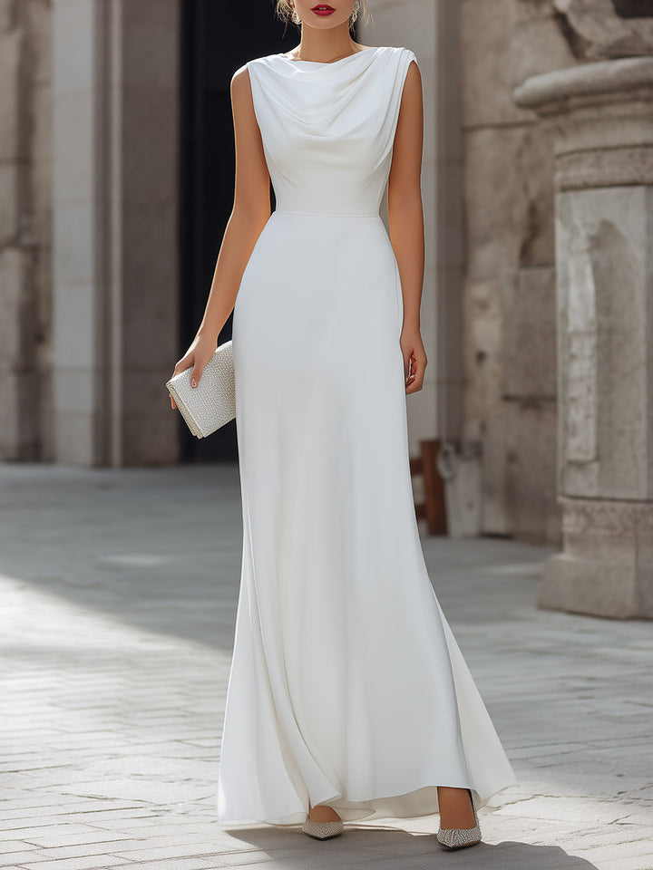 Morgan & Brooke | Black Draped Cowl Neck A-Line Satin Maxi Dress