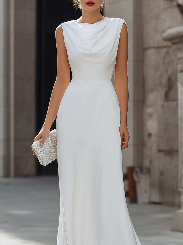 Morgan & Brooke | Black Draped Cowl Neck A-Line Satin Maxi Dress