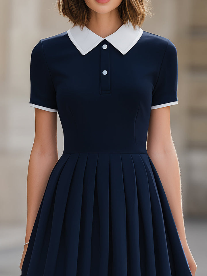 Morgan & Brooke | Navy Blue Contrast Collar Pleated A-Line Mini Dress