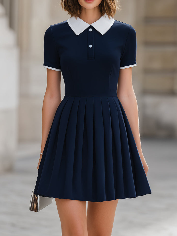 Morgan & Brooke | Navy Blue Contrast Collar Pleated A-Line Mini Dress