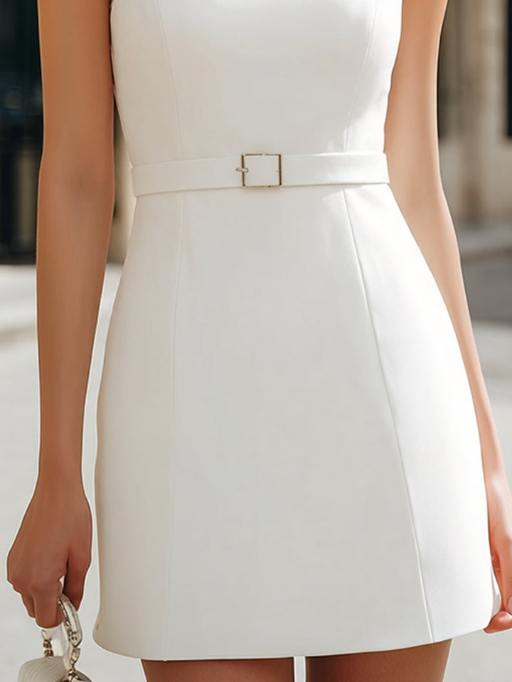 Morgan & Brooke | White Belted Bodycon Sheer Mesh Mini Dress