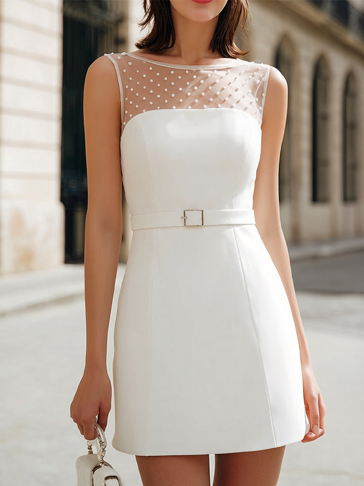 Morgan & Brooke | White Belted Bodycon Sheer Mesh Mini Dress