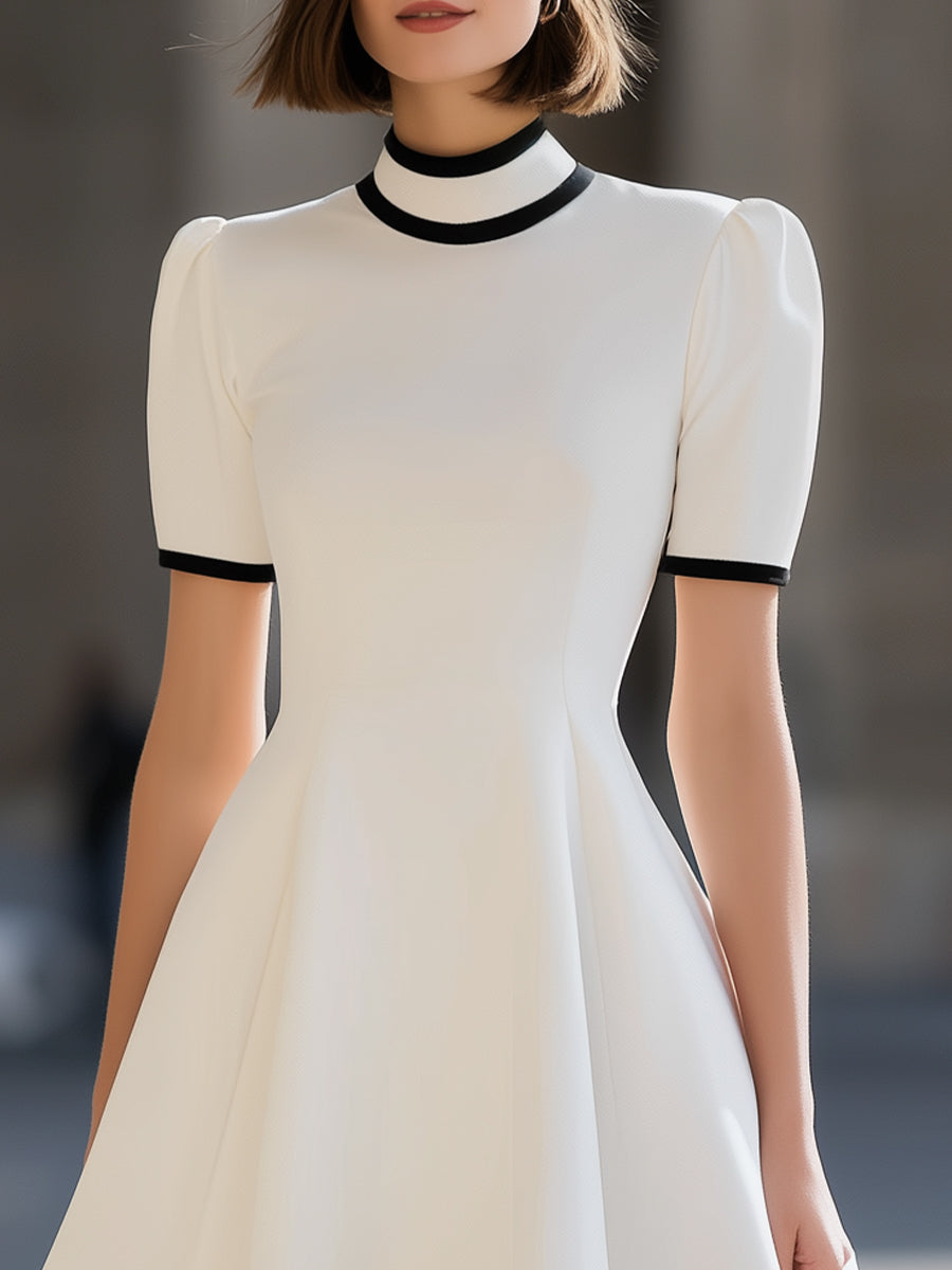 Morgan & Brooke | White Contrast-Trim High-Neck Mini Dress