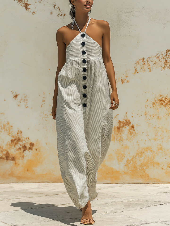 Morgan & Brooke | Navy-White Striped Halter Neck Linen Maxi Dress