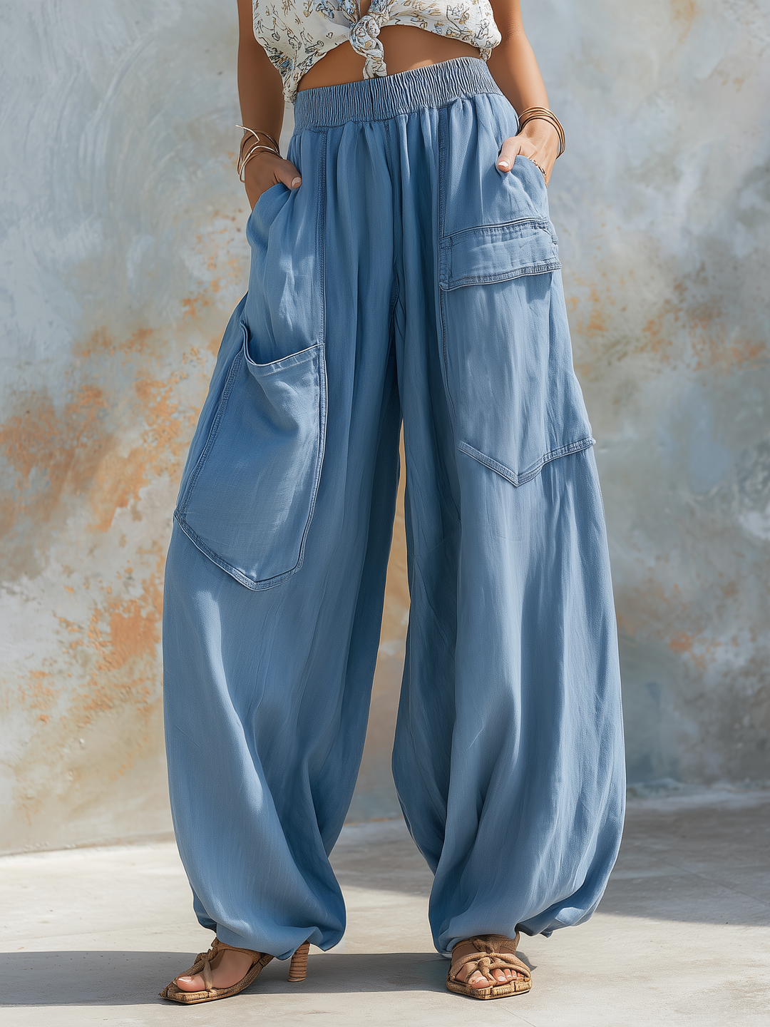 Morgan & Brooke | Light Blue Wide-Leg Cargo Denim Pants