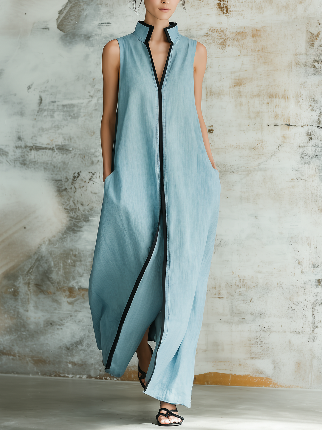 Morgan & Brooke | Dusty Blue Sleeveless Maxi Linen-Blend Dress