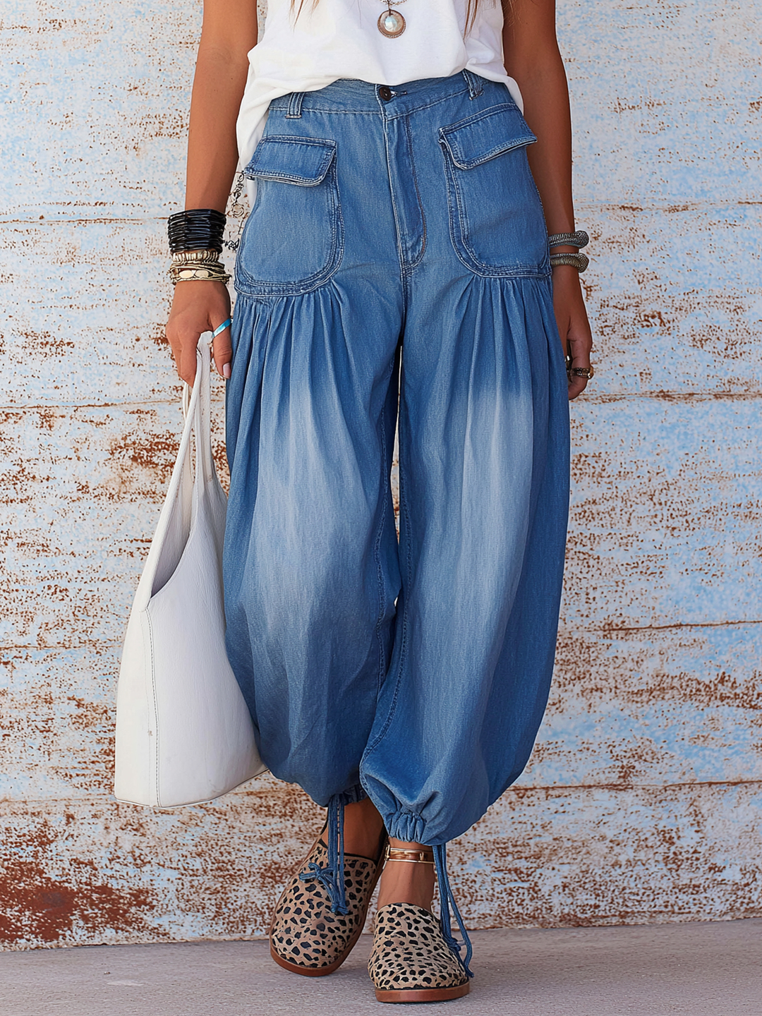 Morgan & Brooke | Faded Blue Gradient High-Waisted Drawstring-Cuff Denim Harem Pants