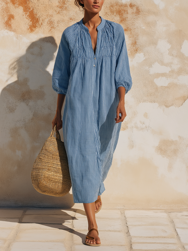 Morgan & Brooke | Blue & White Striped Midi Linen-Blend Dress