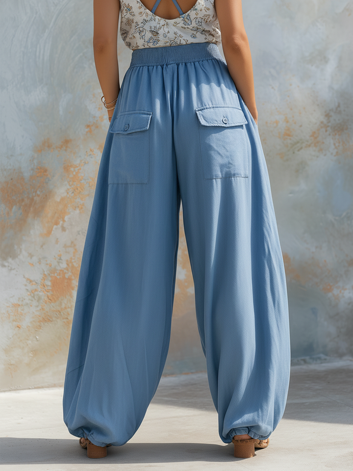 Morgan & Brooke | Light Blue Wide-Leg Cargo Denim Pants