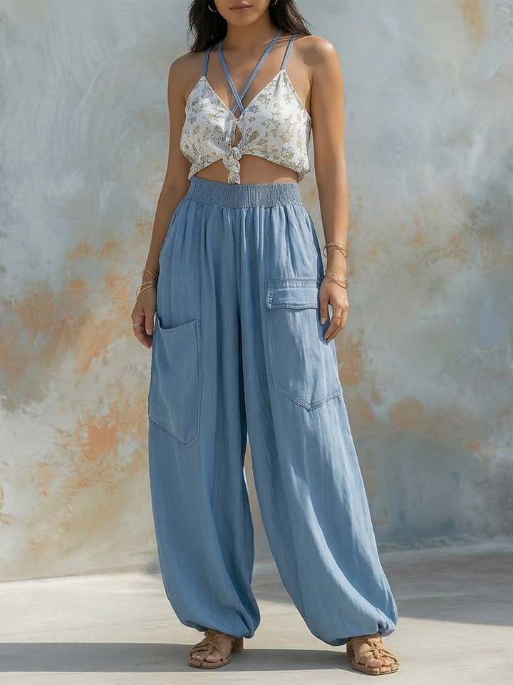 Morgan & Brooke | Light Blue Wide-Leg Cargo Denim Pants