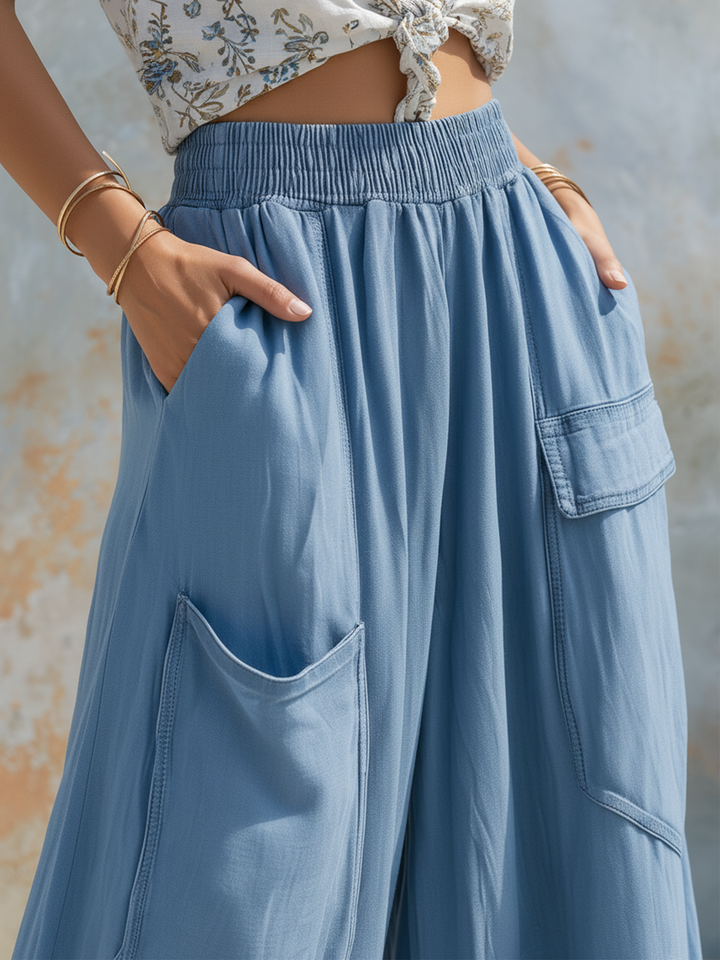 Morgan & Brooke | Light Blue Wide-Leg Cargo Denim Pants
