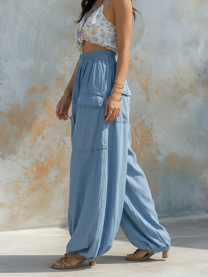 Morgan & Brooke | Light Blue Wide-Leg Cargo Denim Pants