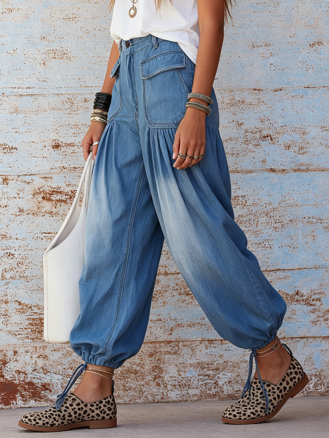 Morgan & Brooke | Faded Blue Gradient High-Waisted Drawstring-Cuff Denim Harem Pants