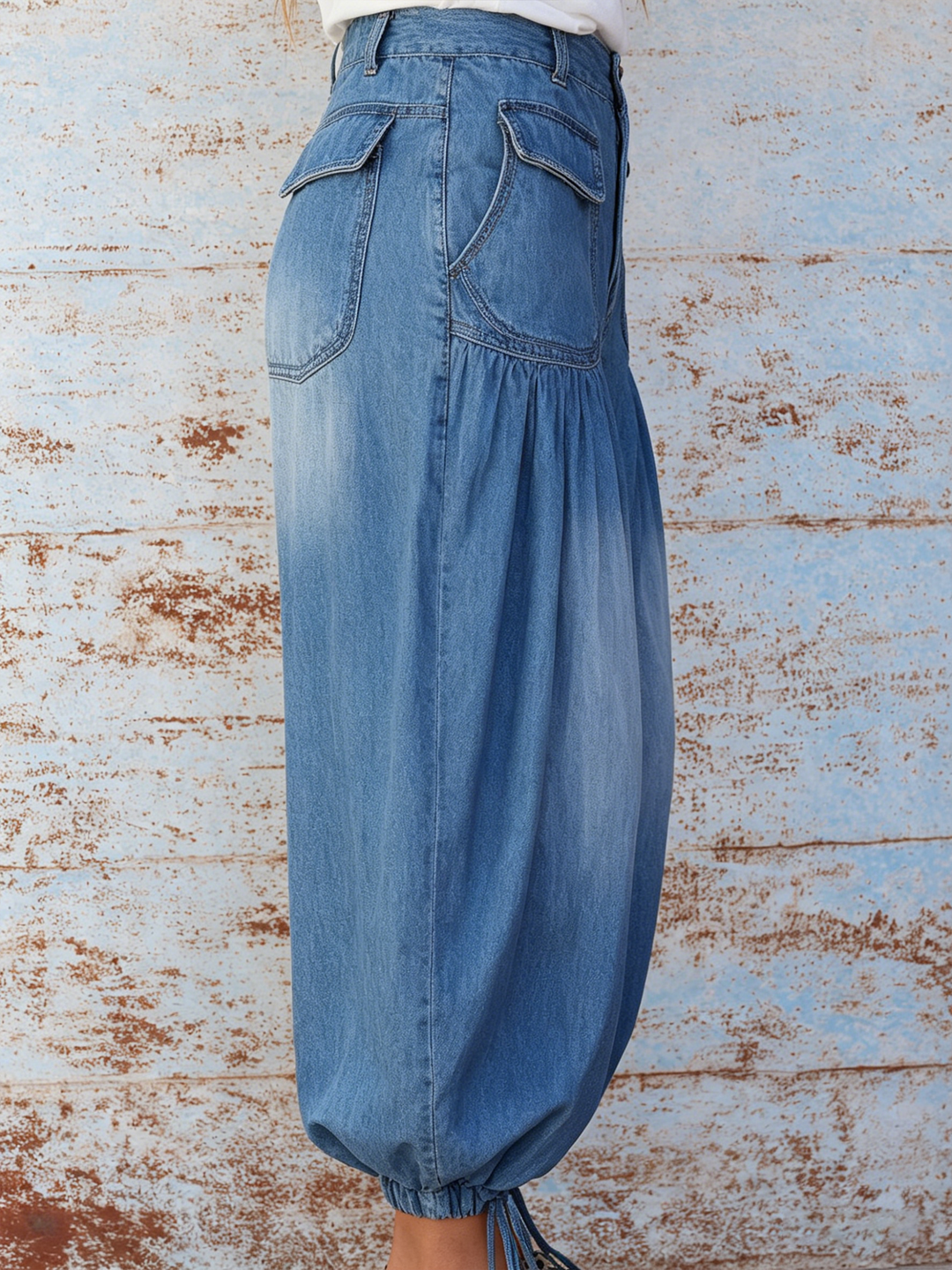 Morgan & Brooke | Faded Blue Gradient High-Waisted Drawstring-Cuff Denim Harem Pants