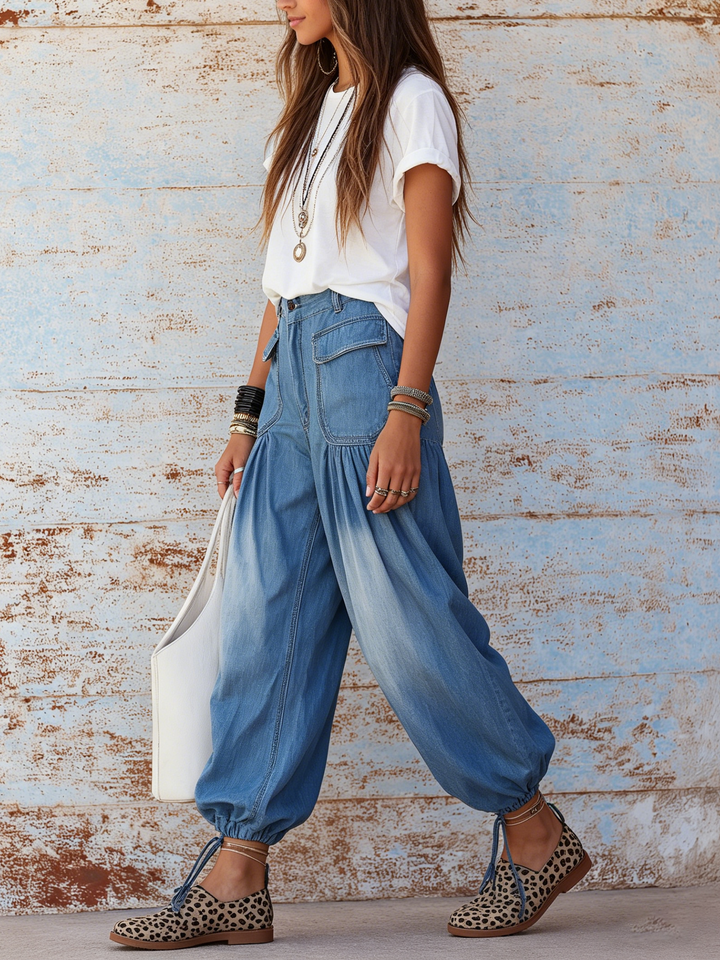 Morgan & Brooke | Faded Blue Gradient High-Waisted Drawstring-Cuff Denim Harem Pants
