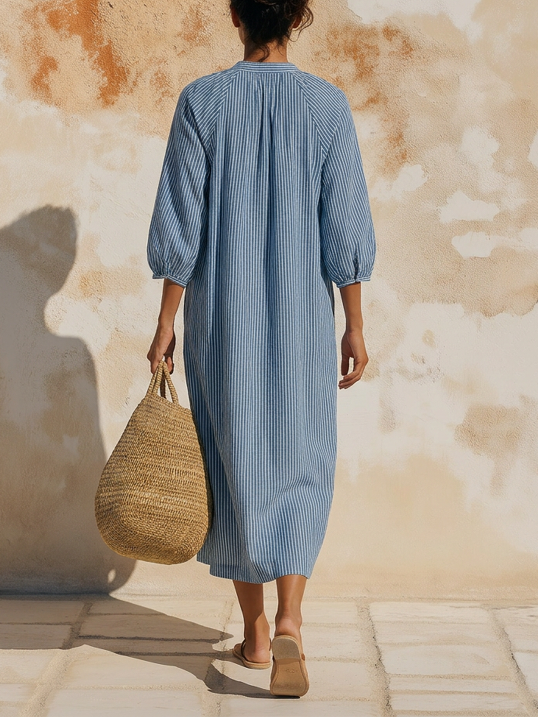 Morgan & Brooke | Blue & White Striped Midi Linen-Blend Dress