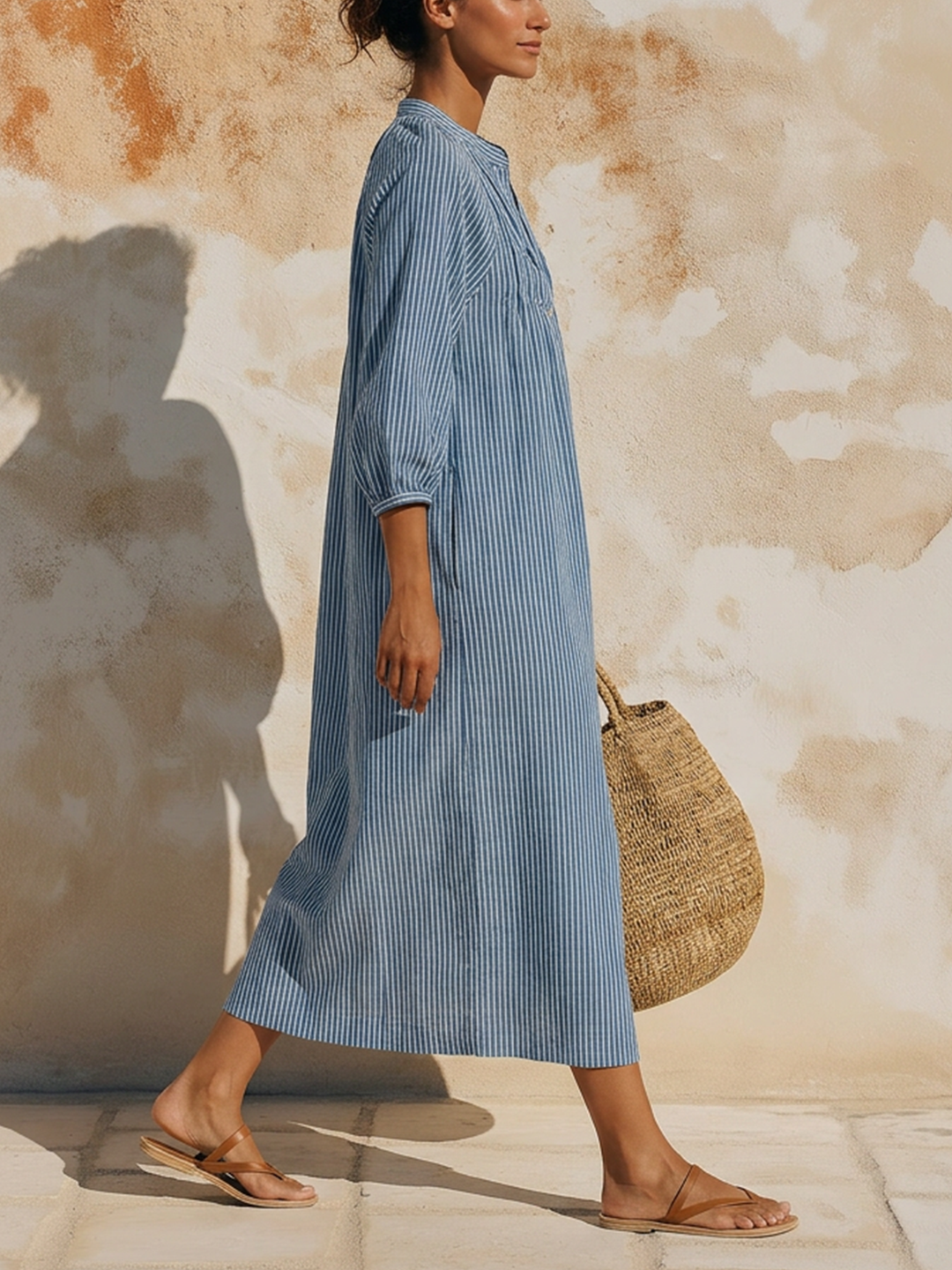 Morgan & Brooke | Blue & White Striped Midi Linen-Blend Dress