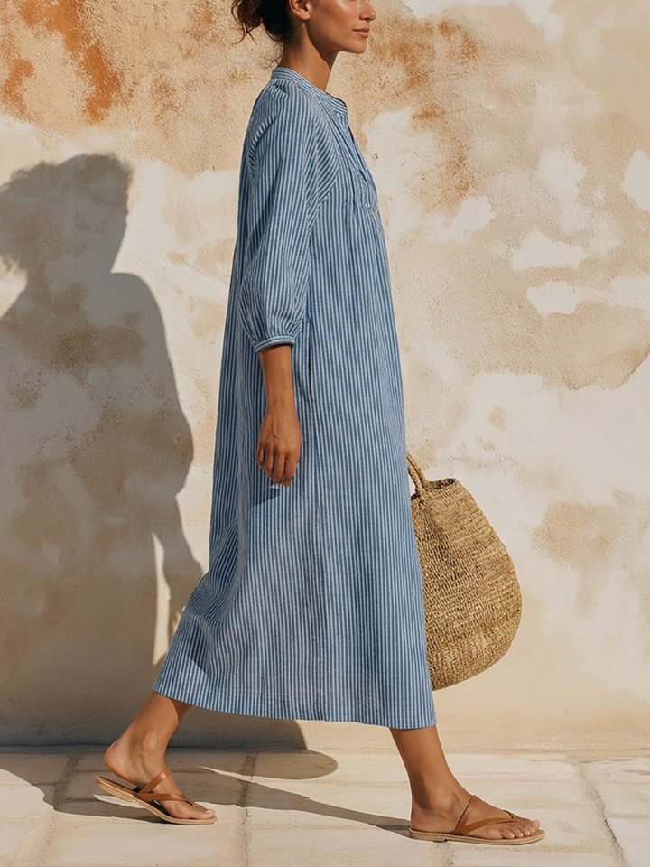 Morgan & Brooke | Blue & White Striped Midi Linen-Blend Dress