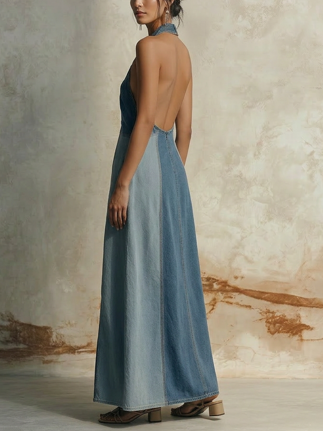 Morgan & Brooke | Blue Halter Neck Cutout Denim Maxi Dress