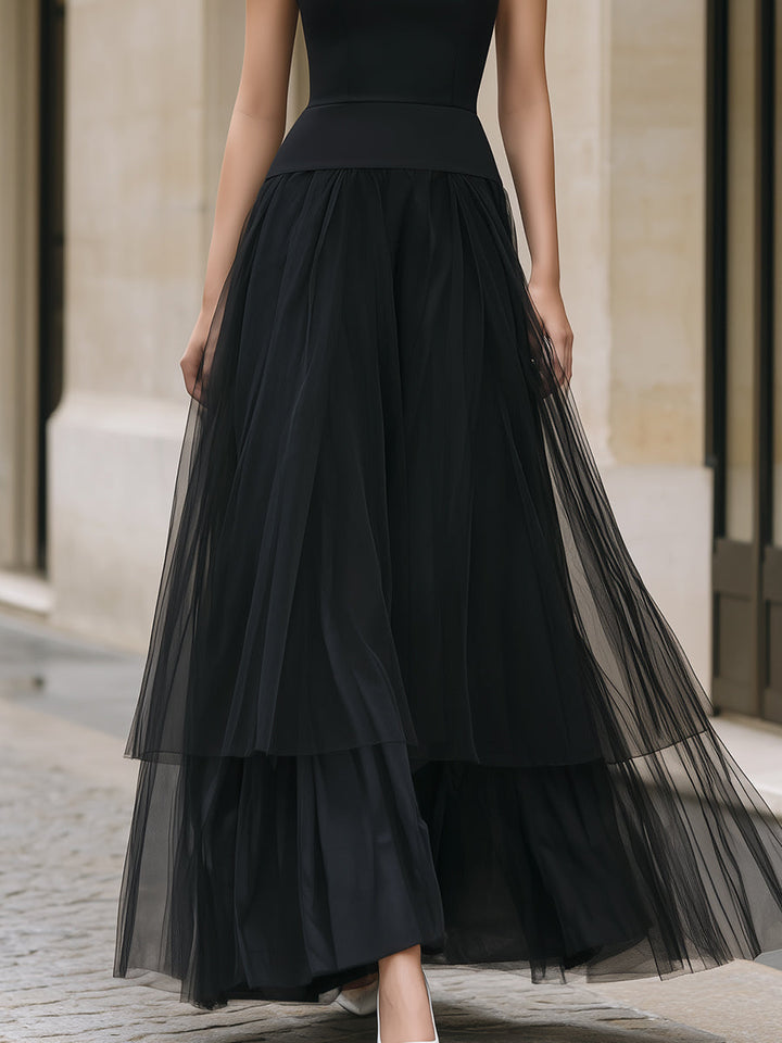 Morgan & Brooke | Black Tiered Tulle Maxi Dress