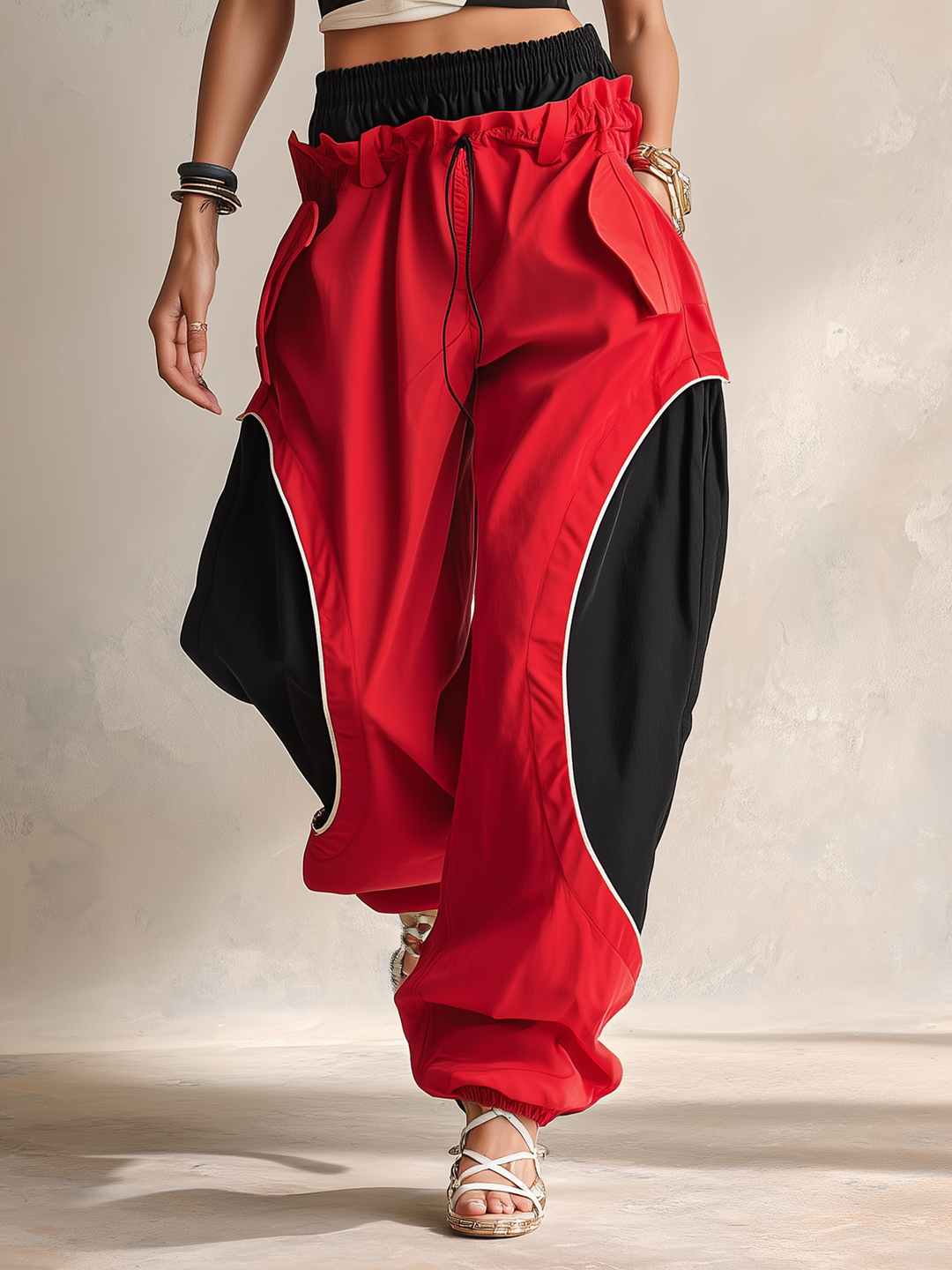 Morgan & Brooke | Red & Black Dual-Waistband Baggy Cargo Pants