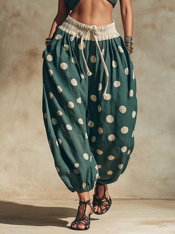 Morgan & Brooke | Teal Polka-Dot High-Waisted Harem Pants