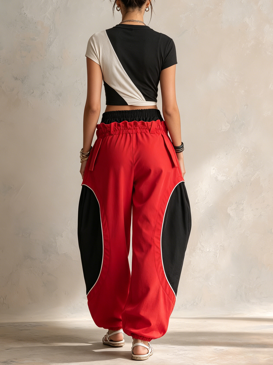 Morgan & Brooke | Red & Black Dual-Waistband Baggy Cargo Pants