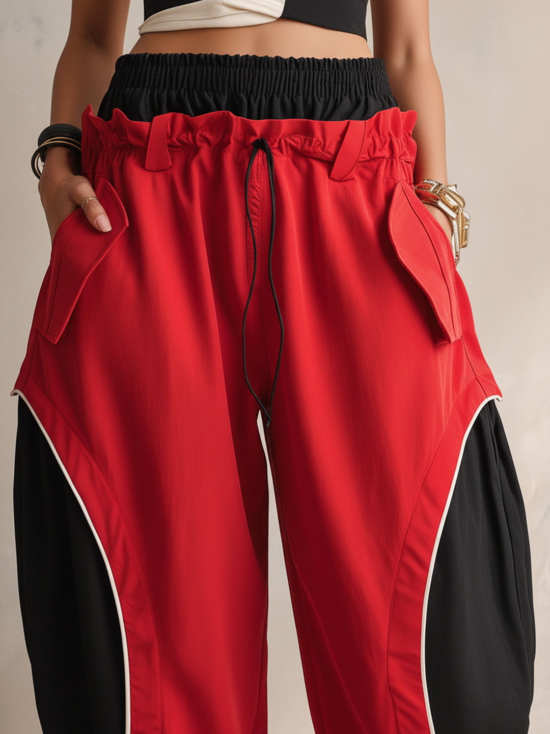 Morgan & Brooke | Red & Black Dual-Waistband Baggy Cargo Pants