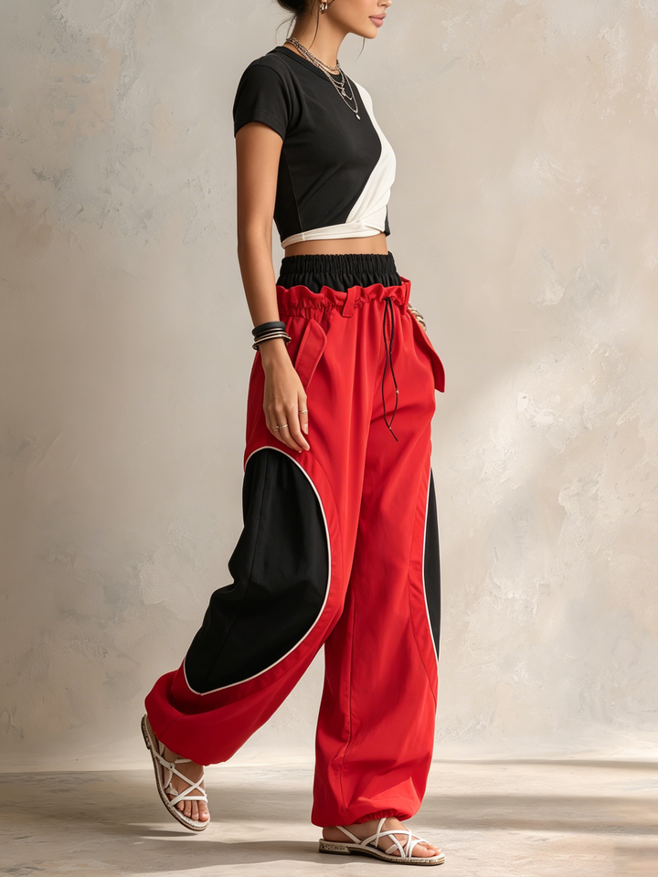 Morgan & Brooke | Red & Black Dual-Waistband Baggy Cargo Pants