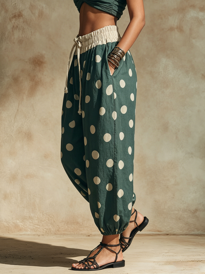 Morgan & Brooke | Teal Polka-Dot High-Waisted Harem Pants
