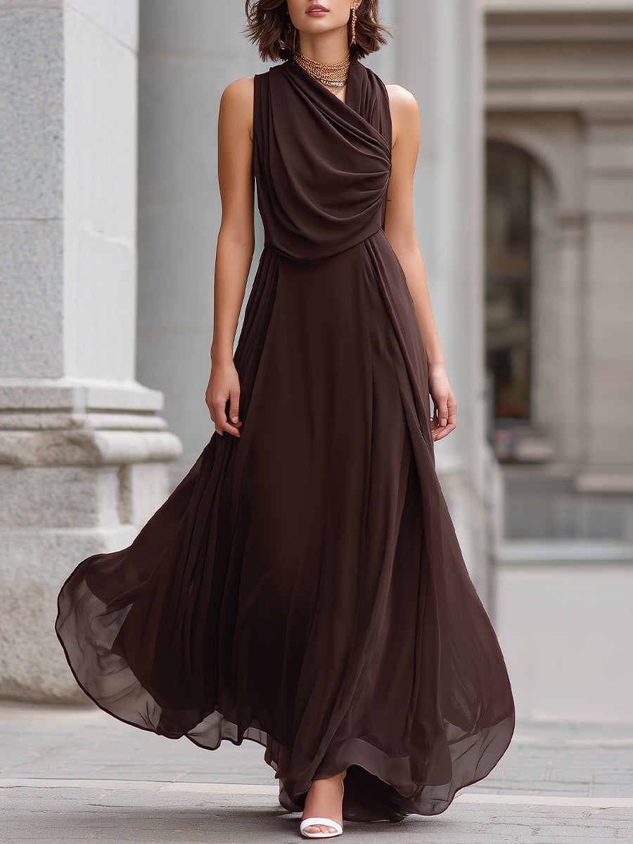 Morgan & Brooke | Brown Draped Cowl Neck Chiffon Maxi Dress