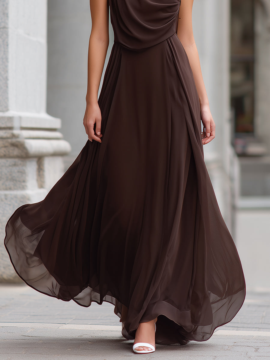 Morgan & Brooke | Brown Draped Cowl Neck Chiffon Maxi Dress