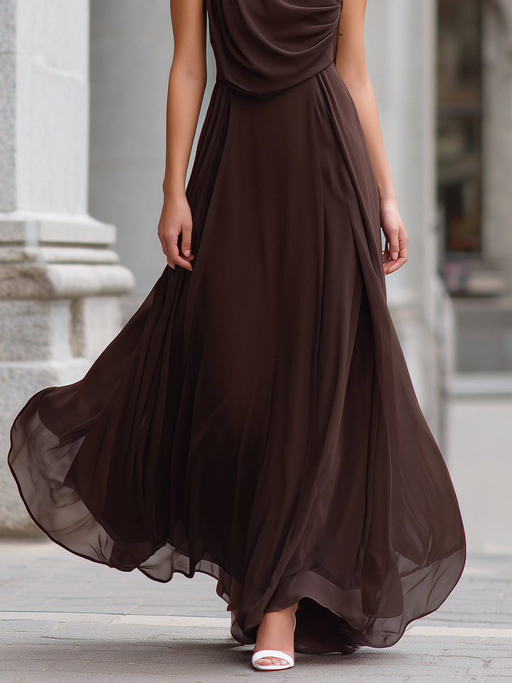 Morgan & Brooke | Brown Draped Cowl Neck Chiffon Maxi Dress