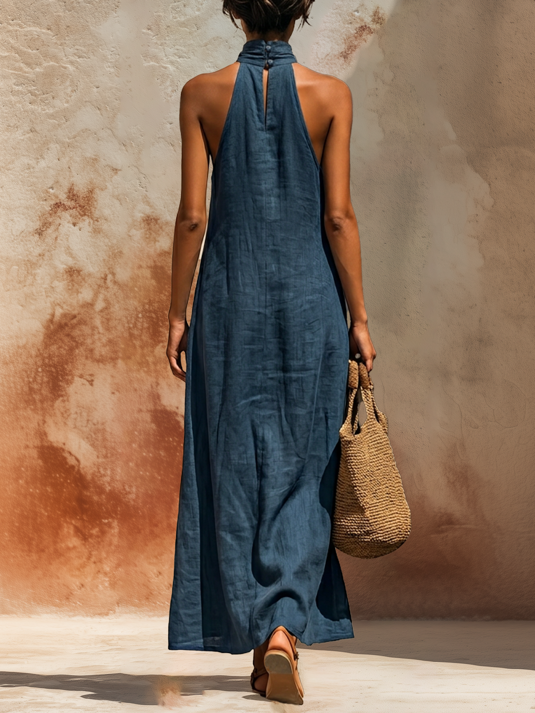 Morgan & Brooke | Blue Halter Neck Keyhole Linen Maxi Dress
