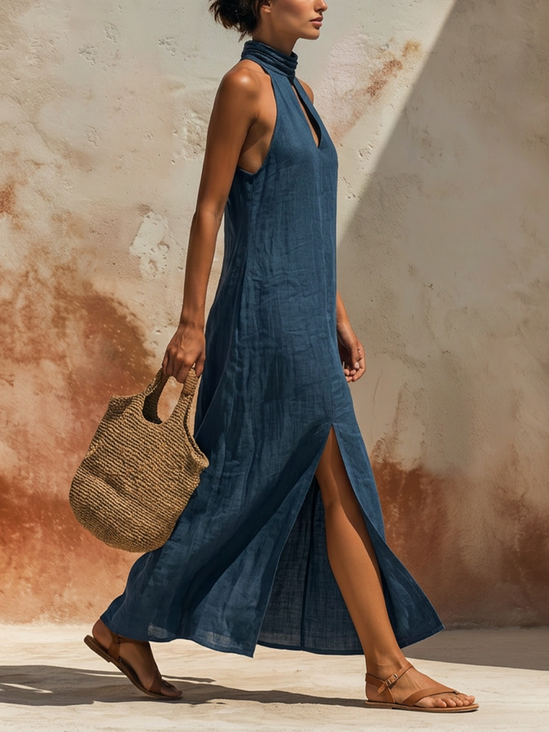 Morgan & Brooke | Blue Halter Neck Keyhole Linen Maxi Dress